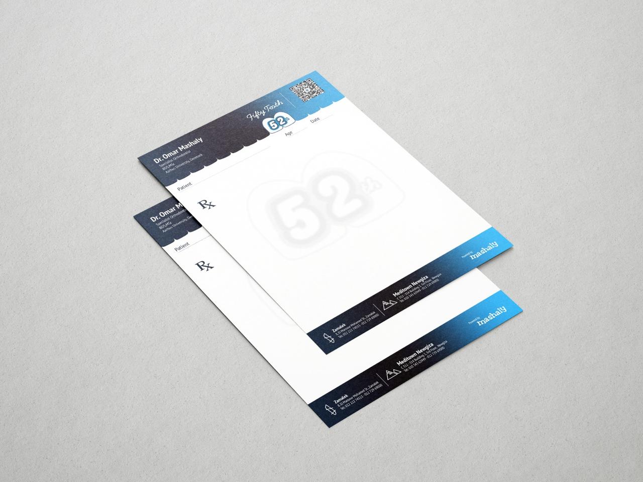 Two branded prescription sheets for Fifty Tooth Dental Clinics, showing the clinic's letterhead and Dr. Mashaly's credentials.